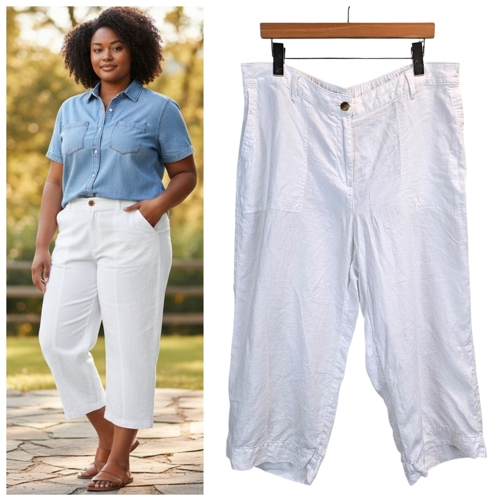 J.Jill Love Linen White Cropped Pants 100% Linen Pull-On Relaxed Fit XL Coastal
